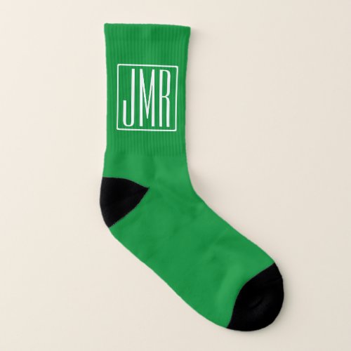 3 Initials Monogram  Green  White Socks