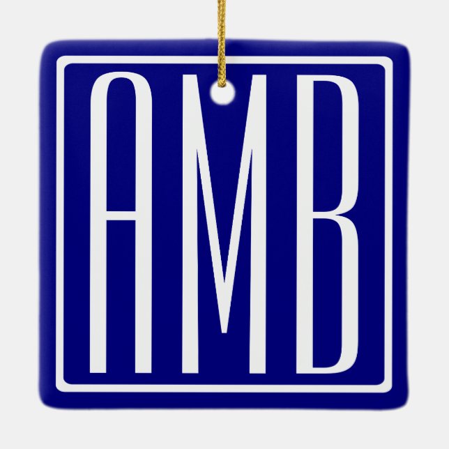3 Initials Monogram | Navy Blue & White Ceramic Ornament (Back)