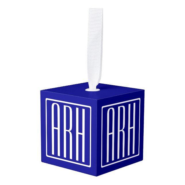 3 Initials Monogram | Navy Blue & White Cube Ornament (Front Angled)
