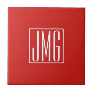 3 Initials Monogram Red & White (or diy color) Ceramic Tile