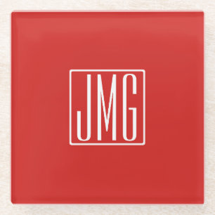 3 Initials Monogram Red & White (or diy color) Glass Coaster