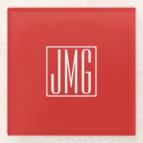 3 Initials Monogram  Red  White or diy color Glass Coaster