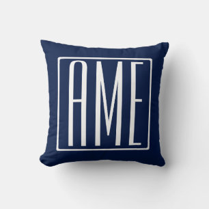 3 Initials Monogram   White on Dark Navy Blue Throw Pillow