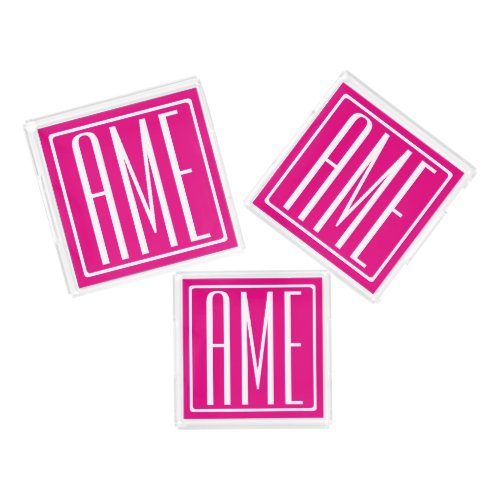 3 Initials Monogram  White On Hot Pink Acrylic Tray