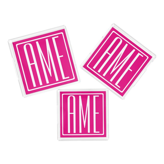3 Initials Monogram | White On Hot Pink Acrylic Tray (Set)