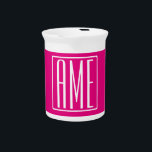 3 Initials Monogram | White On Hot Pink Beverage Pitcher<br><div class="desc">Cool & modern.</div>