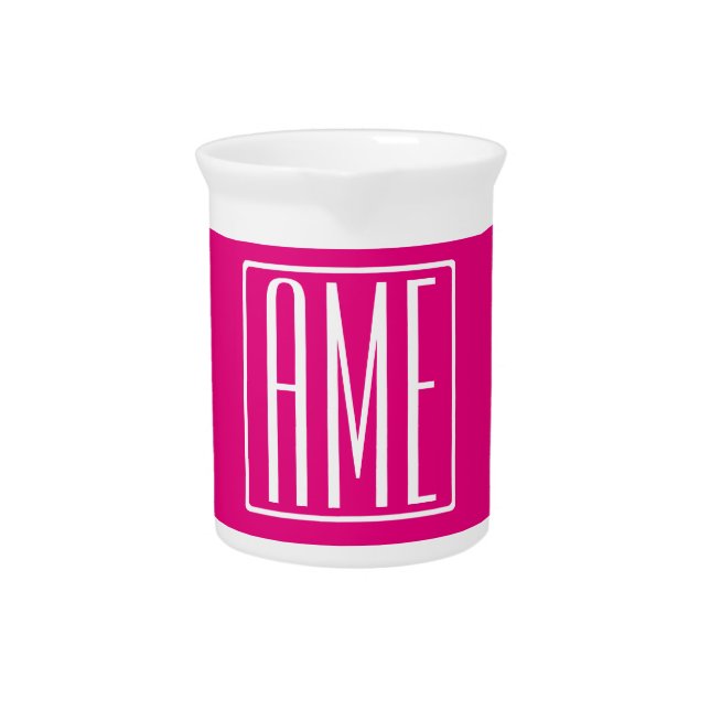 3 Initials Monogram | White On Hot Pink Beverage Pitcher (Front)
