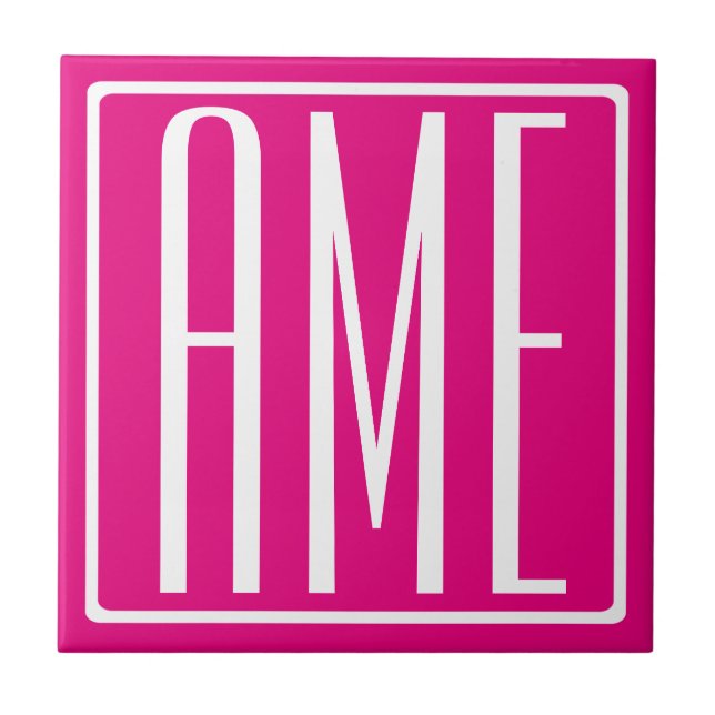 3 Initials Monogram | White On Hot Pink Ceramic Tile (Front)