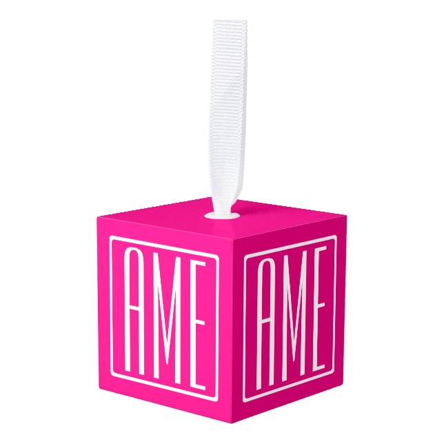3 Initials Monogram | White On Hot Pink Cube Ornament (Front Angled)