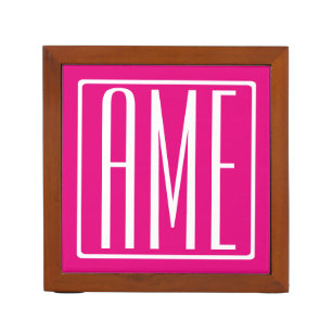 3 Initials Monogram White On Hot Pink Desk Organizer
