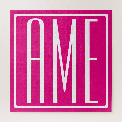 3 Initials Monogram  White On Hot Pink Jigsaw Puzzle