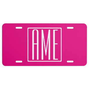 3 Initials Monogram   White On Hot Pink License Plate