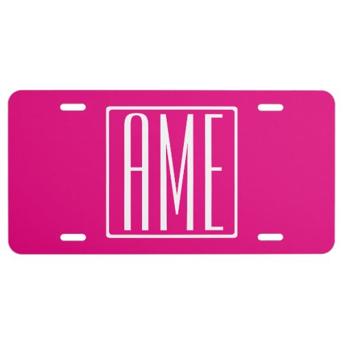 3 Initials Monogram  White On Hot Pink License Plate