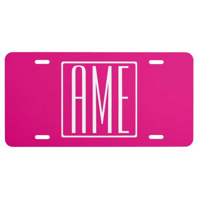 3 Initials Monogram | White On Hot Pink License Plate (Front)