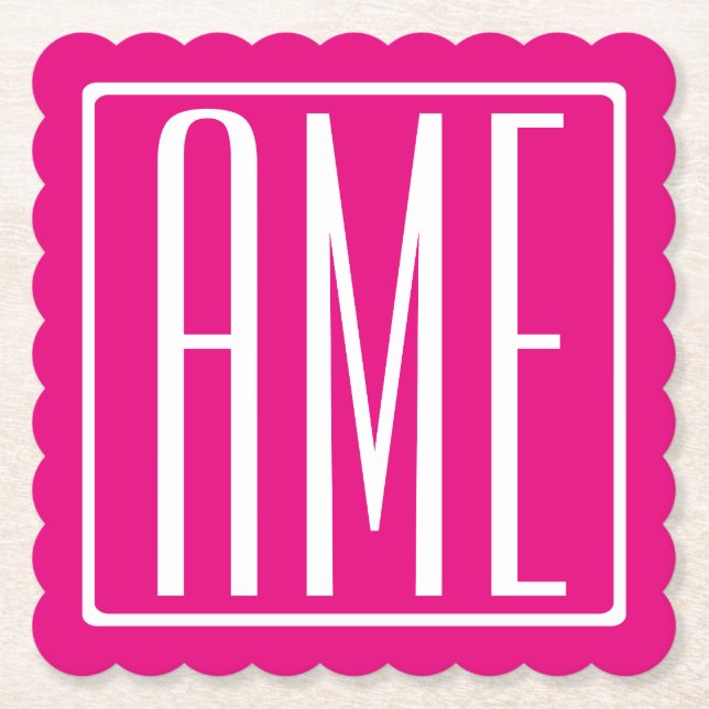 3 Initials Monogram | White On Hot Pink Paper Coaster (Front)