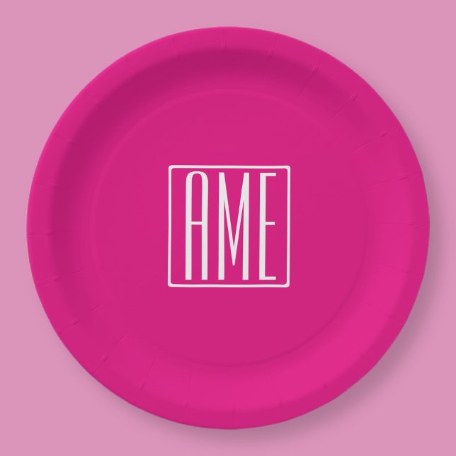 3 Initials Monogram | White On Hot Pink Paper Plates (Creator Uploaded)