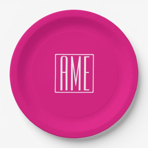 3 Initials Monogram  White On Hot Pink Paper Plates