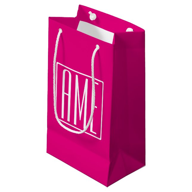 3 Initials Monogram | White On Hot Pink Small Gift Bag (Front Angled)