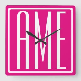 3 Initials Monogram | White On Hot Pink Square Wall Clock