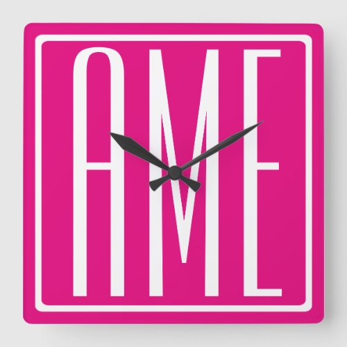 3 Initials Monogram  White On Hot Pink Square Wall Clock