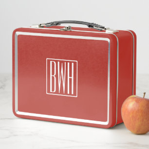 3 Initials Monogram White/Red Metal Lunch Box