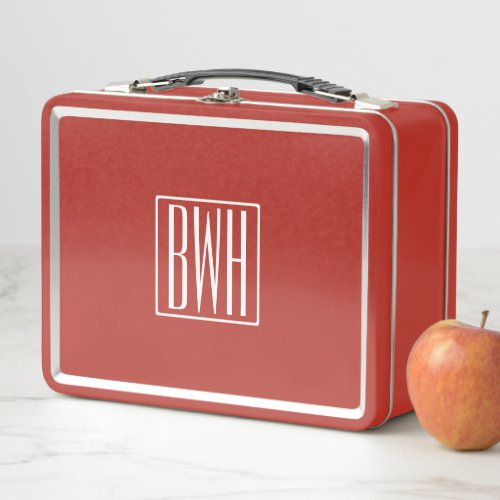 3 Initials Monogram  WhiteRed Metal Lunch Box