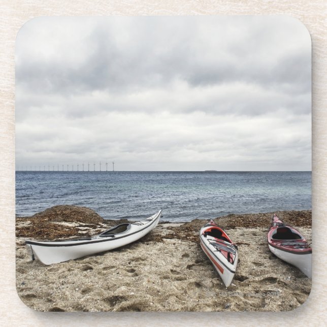 3 kayaks on beach beverage coaster (Front)