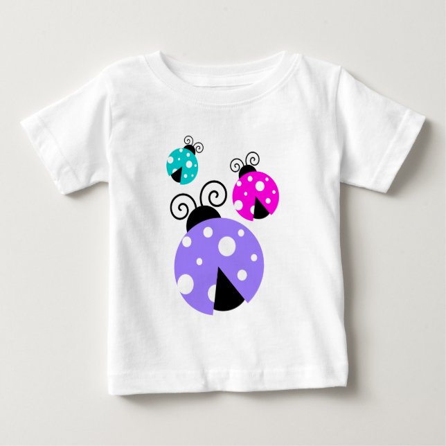 3 Ladybugs in Purple Pink and Blue Baby T-Shirt (Front)
