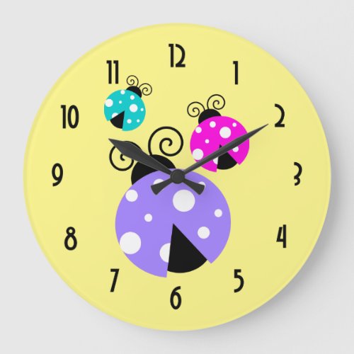 3 Ladybugs in Purple Pink and Blue Large Clock