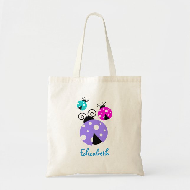 3 Ladybugs in Purple Pink and Blue Personalized Tote Bag (Front)
