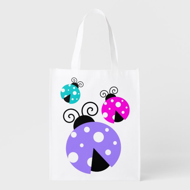 3 Ladybugs in Purple Pink and Blue Reusable Grocery Bag (Front)