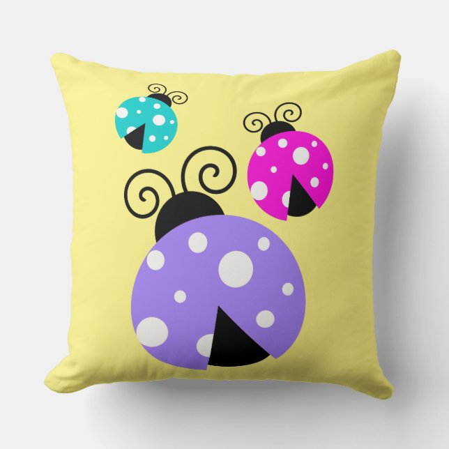 3 Ladybugs in Purple Pink and Blue Throw Pillow (Front)