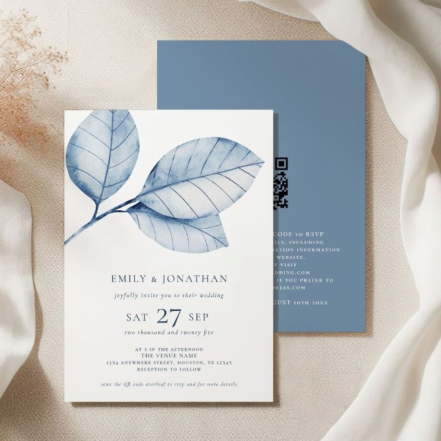 3 Large Watercolor Dusty Blue Leaves QR Wedding Invitation (Front and back view)