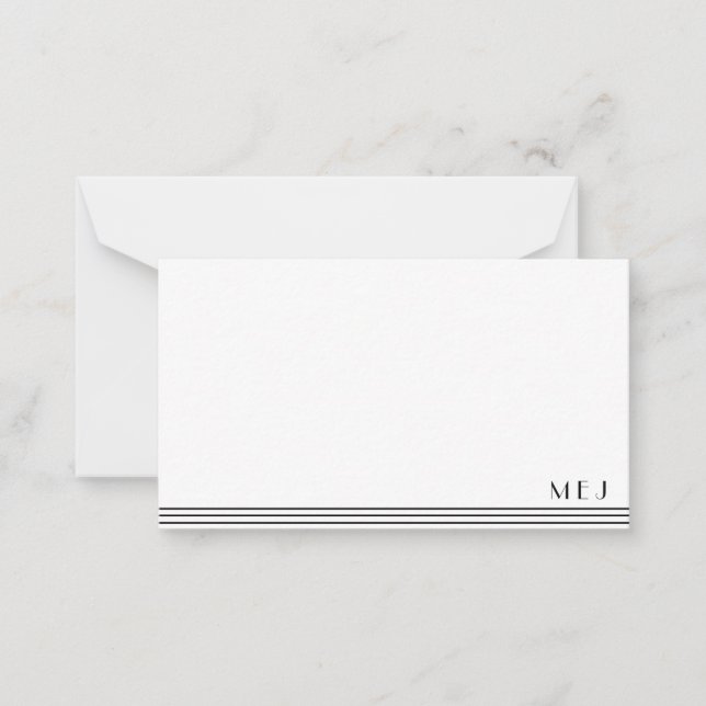 3 Letter Monogram Black White Striped Minimalist Note Card (Front)