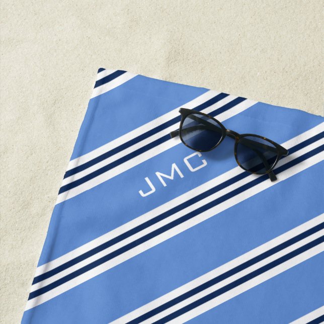 3-Letter Monogram Blue Stripes Beach Towel (In Situ)