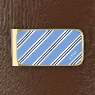 3-Letter Monogram Blue Stripes Gold Finish Money Clip