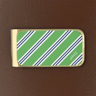 3-Letter Monogram Green and Blue Stripes Gold Finish Money Clip