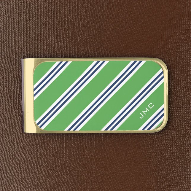 3-Letter Monogram Green and Blue Stripes Gold Finish Money Clip (Creator Uploaded)