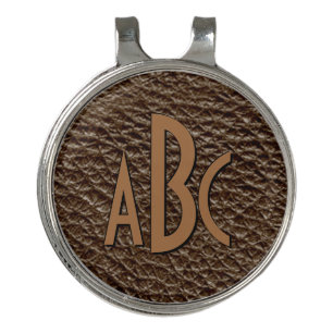3 Letter Monogram Initial Beige Brown Leather Look Golf Hat Clip