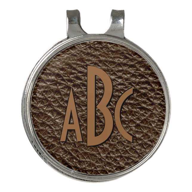 3 Letter Monogram Initial Beige Brown Leather Look Golf Hat Clip (Front)