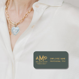 3 Letter Monogram Large Green Gold Employee Name Tag