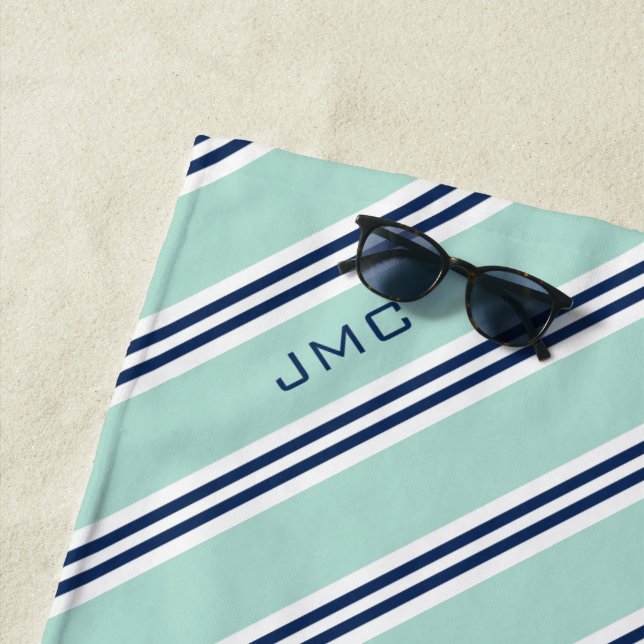 3-Letter Monogram Mint and Blue Stripes Beach Towel (In Situ)