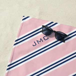3-Letter Monogram Pink and Blue Stripes Beach Towel