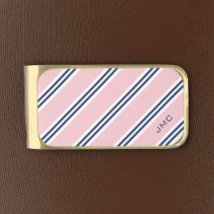 3-Letter Monogram Pink and Blue Stripes Gold Finish Money Clip
