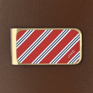 3-Letter Monogram Red and Blue Stripes Gold Finish Money Clip