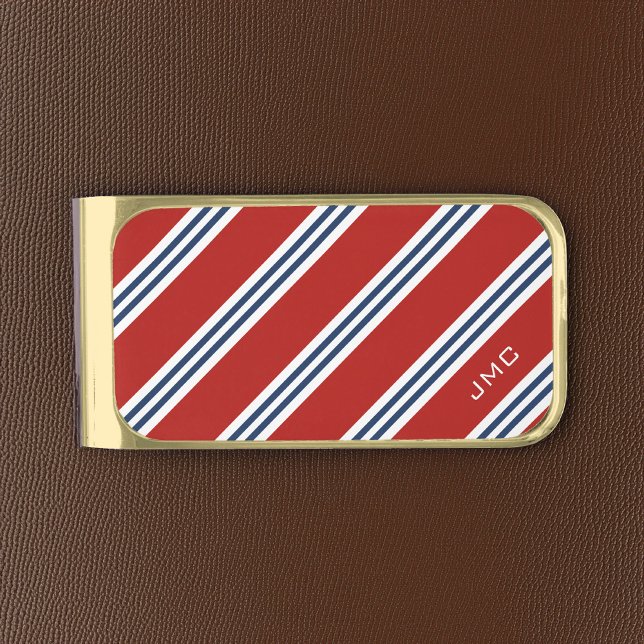 3-Letter Monogram Red and Blue Stripes Gold Finish Money Clip (Creator Uploaded)