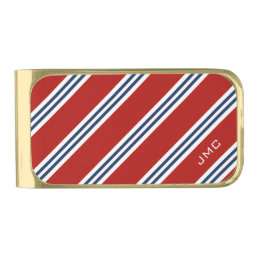 3-Letter Monogram Red and Blue Stripes Gold Finish Money Clip