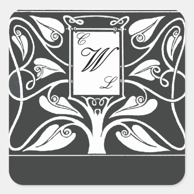 3 Letter Monogram with Black and White Leaves Square Sticker (Front)