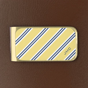 3-Letter Monogram Yellow and Blue Stripes Gold Finish Money Clip