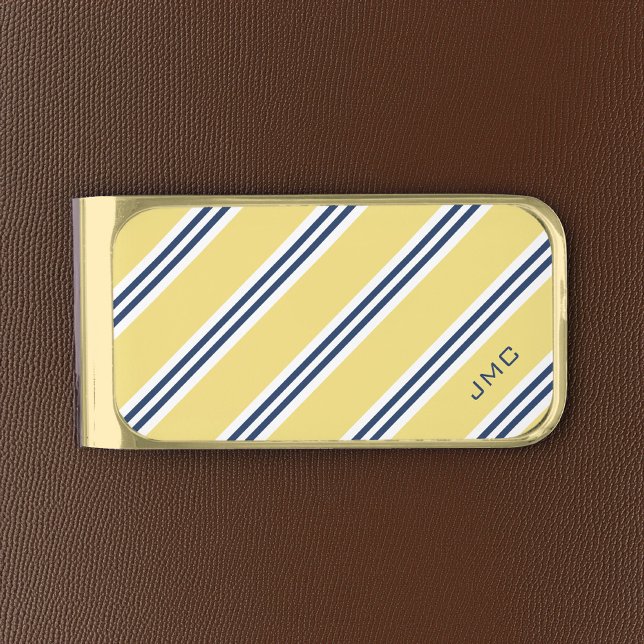 3-Letter Monogram Yellow and Blue Stripes Gold Finish Money Clip (Creator Uploaded)